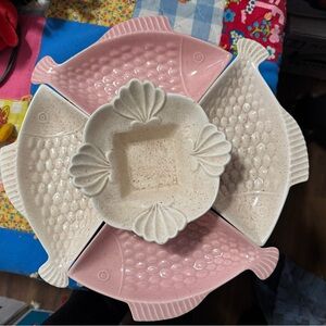 Vintage Doranne of California Pink and Cream Fish-Shaped Ceramic Dish Set